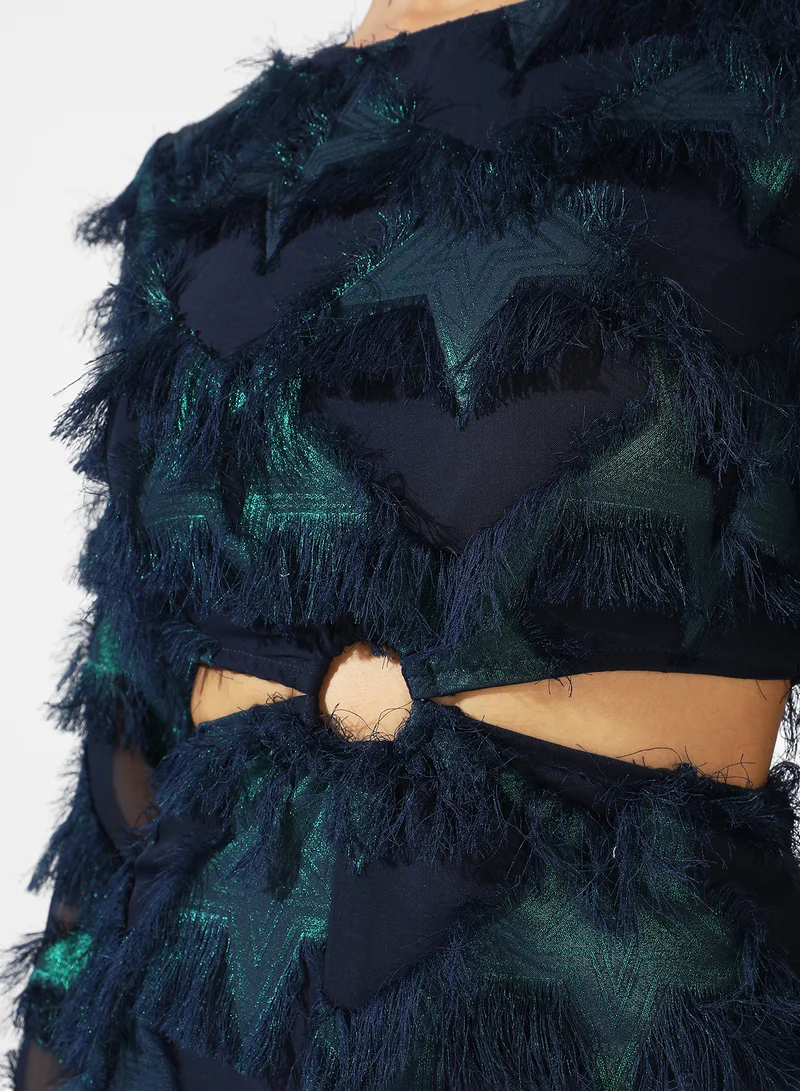 Campus Sutra  Women's Green & Blue Cutout Fringe Dress For Casual Wear | Long Sleeve | Midi Length | Dress Crafted With Comfort Fit And High Performance For Everyday Wear for Women | Best Price UAE